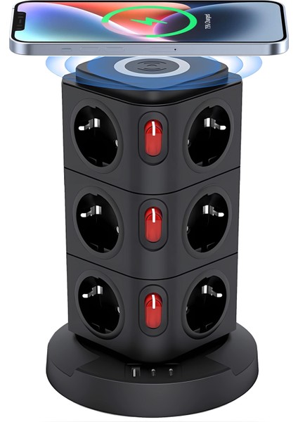 Yeni Akım Korumalı 2.4A Kule Priz Kablosuz Şarj Istasyonu 12X Soketli 2×type-c1x USB çıkışı Wireless Kablolu Priz