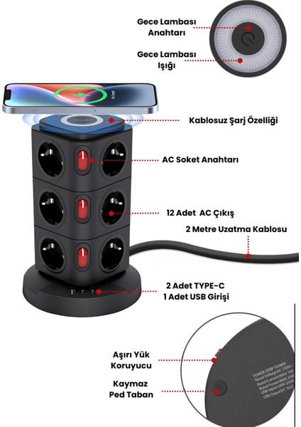 Yeni Akım Korumalı 2.4A Kule Priz Kablosuz Şarj Istasyonu 12X Soketli 2×type-c1x USB çıkışı Wireless Kablolu Priz modelleri