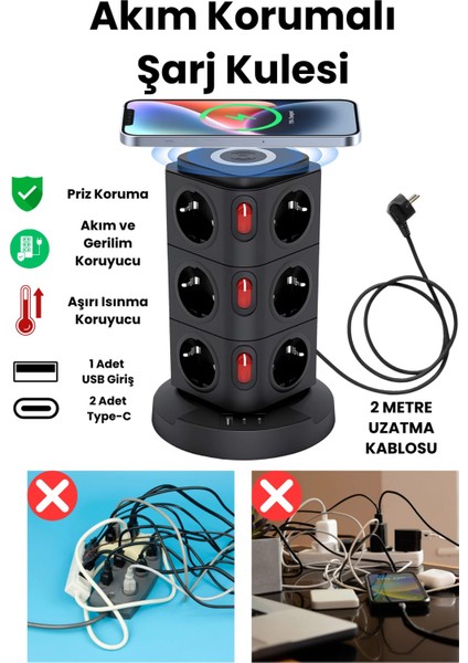 Yeni Akım Korumalı 2.4A Kule Priz Kablosuz Şarj Istasyonu 12X Soketli 2×type-c1x USB çıkışı Wireless Kablolu Priz