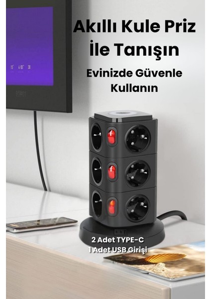 Yeni Akım Korumalı 2.4A Kule Priz Kablosuz Şarj Istasyonu 12X Soketli 2×type-c1x USB çıkışı Wireless Kablolu Priz