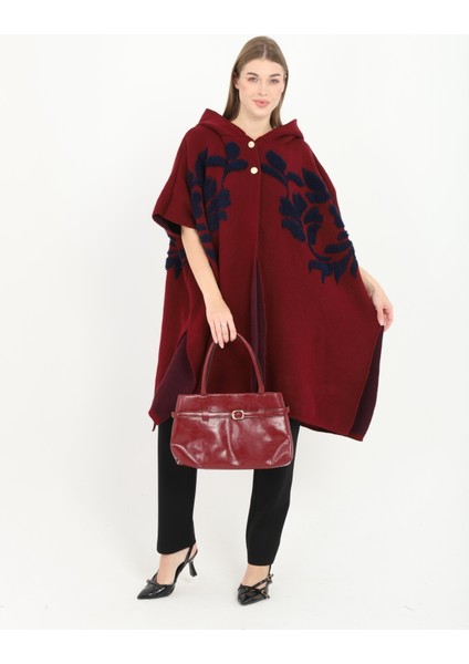 Kadın Teddy Gold Düğmeli Kapşonlu Yırtmaçlı Şal Panço Hırka