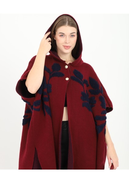 Kadın Teddy Gold Düğmeli Kapşonlu Yırtmaçlı Şal Panço Hırka