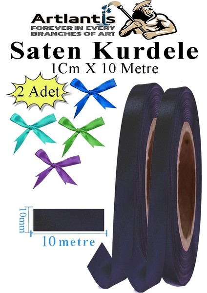 Siyah Kurdele Saten 1 cm 10 Metre 2 Adet Saten Kurdela Parlak Hediye ve Süsleme Şeridi Süs Paketleme Çiçek Saç El