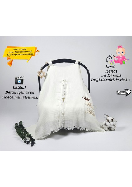 %100 Pamuk 4katlı Nefes Alabilen Müslin Kumaş Püsküllü Puset Örtüsü(Kişiye Özgü Isimli Nakış Desenl)