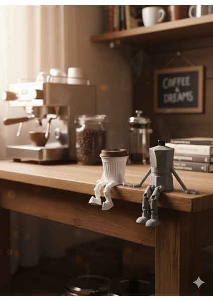 Ceresshop Dekoratif Mini Kahve Arkadaşları — Masaüstü Figür Seti Gri Vebeyaz