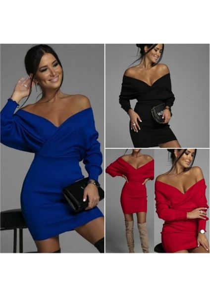 Kadın Uzun Kollu Omuzlar Açık Detay Triko Elbise modelleri