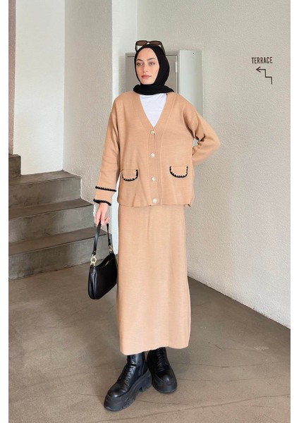Etek-Hırka Tesettürlü Triko Takım Sütlü Kahve