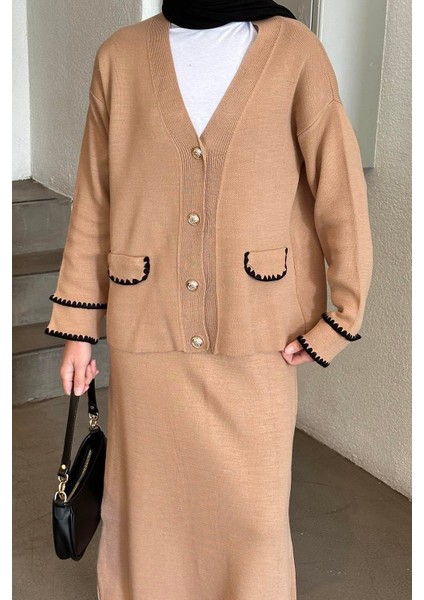 Etek-Hırka Tesettürlü Triko Takım Sütlü Kahve modelleri