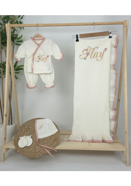 Müslin Yeni Doğan 4katlı Organik %100PAMUK Kişiye Özgü Nakışlı Hastane Çıkış Seti (Papatya Model-9)