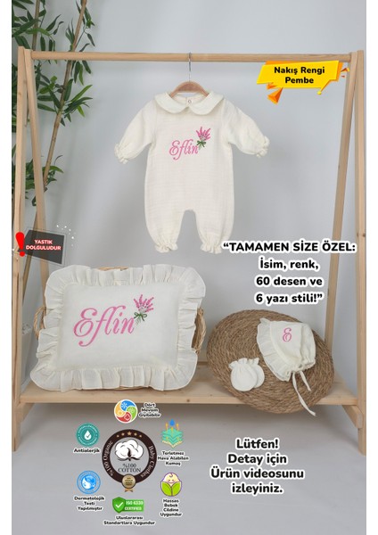Müslin Yeni Doğan 4katlı Organik %100PAMUK Kişiye Özgü Nakışlı Hastane Çıkış Seti (Lavanta Modeli)
