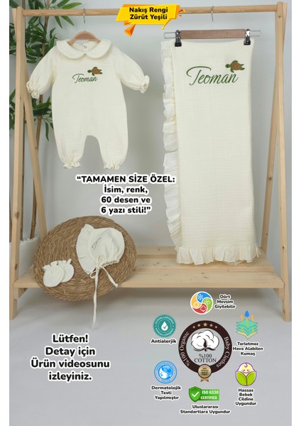 Müslin Yeni Doğan 4katlı Organik %100PAMUK Kişiye Özgü Nakışlı Hastane Çıkış Seti (Kablunbağa Model)