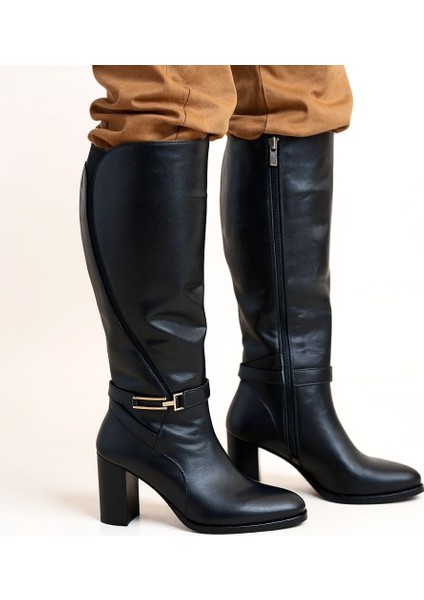 Siyah Deri Lastik Detaylı Tokalı Kadın Kalın Topuklu Çizme indirimleri