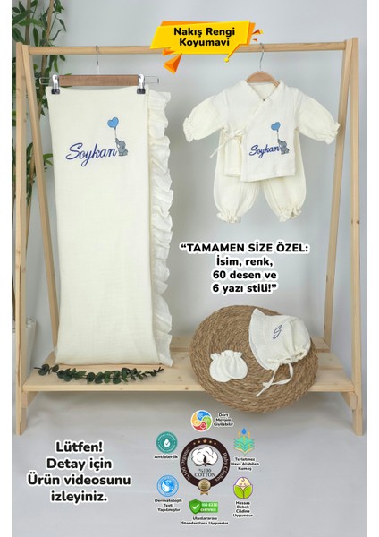 Müslin Yeni Doğan 4katlı Organik %100PAMUK Kişiye Özgü Nakışlı Hastane Çıkış Seti (Filli Model-2)