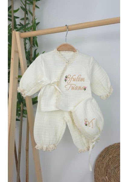 Müslin Yeni Doğan 4katlı Organik %100PAMUK Kişiye Özgü Nakışlı Hastane Çıkış Seti (Papatya Model-6)
