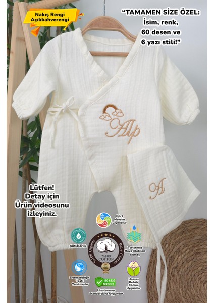 Müslin Yeni Doğan 4katlı Organik %100PAMUK Kişiye Özgü Nakışlı Hastane Çıkış Seti (Gökkuşağı Model2)