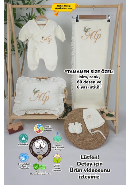 Müslin Yeni Doğan 4katlı Organik %100PAMUK Kişiye Özgü Nakışlı Hastane Çıkış Seti(Iki Dallı Model-4)