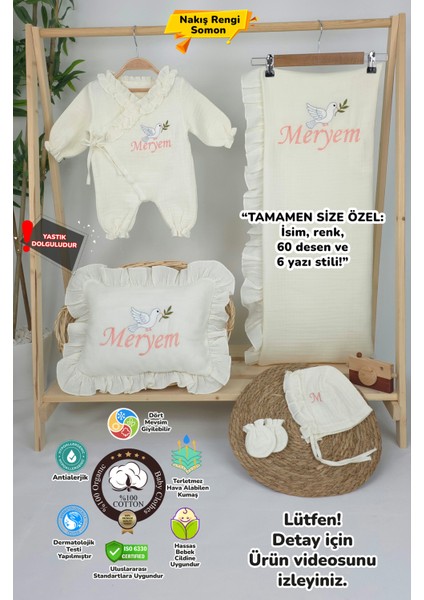 Müslin Yeni Doğan 4katlı Organik %100PAMUK Kişiye Özgü Nakışlı Hastane Çıkış Seti (Kuş Model-3)
