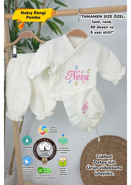 Müslin Yeni Doğan 4katlı Organik %100PAMUK Kişiye Özgü Nakışlı Hastane Çıkış Seti (Nota Model)