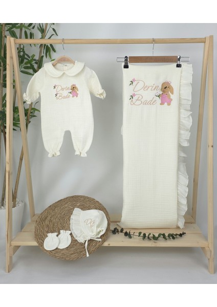 Müslin Yeni Doğan 4katlı Organik %100PAMUK Kişiye Özgü Nakışlı Hastane Çıkış Seti(Tavşan Model-3)