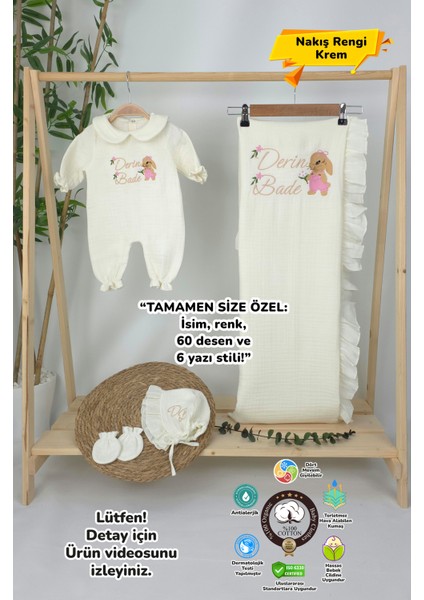 Müslin Yeni Doğan 4katlı Organik %100PAMUK Kişiye Özgü Nakışlı Hastane Çıkış Seti(Tavşan Model-3) fırsatları