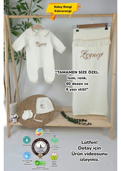 Müslin Yeni Doğan 4katlı Organik %100PAMUK Kişiye Özgü Nakışlı Hastane Çıkış Seti (Papatya-3)