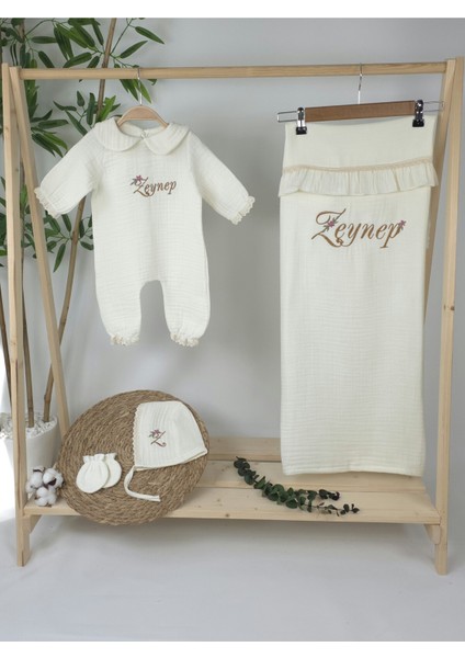 Müslin Yeni Doğan 4katlı Organik %100PAMUK Kişiye Özgü Nakışlı Hastane Çıkış Seti (Papatya-3) fiyatları