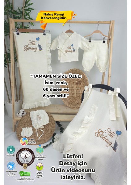 Müslin Yeni Doğan 4katlı Organik %100PAMUK Kişiye Özgü Nakışlı Hastane Çıkış Seti-Kahverengi-Filli