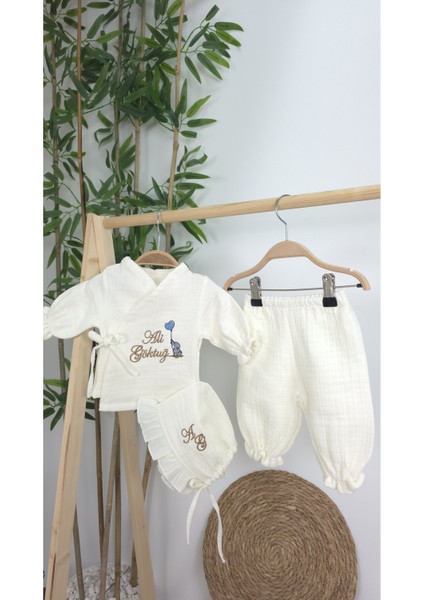 Müslin Yeni Doğan 4katlı Organik %100PAMUK Kişiye Özgü Nakışlı Hastane Çıkış Seti-Kahverengi-Filli fırsatları