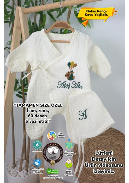 Müslin Yeni Doğan 4katlı Organik %100PAMUK Kişiye Özgü Nakışlı Hastane Çıkış Seti-Yeşil Ayıcık Balon