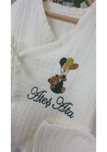 Müslin Yeni Doğan 4katlı Organik %100PAMUK Kişiye Özgü Nakışlı Hastane Çıkış Seti-Yeşil Ayıcık Balon modelleri