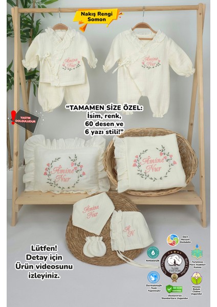 Müslin Yeni Doğan 4katlı Organik %100PAMUK Kişiye Özgü Nakışlı Hastane Çıkış Seti (Çiçek Model-2)