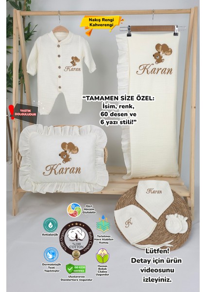 Müslin Yeni Doğan 4katlı Organik %100PAMUK Kişiye Özgü Nakışlı Hastane Çıkış Seti (Ayıcık Model-6)