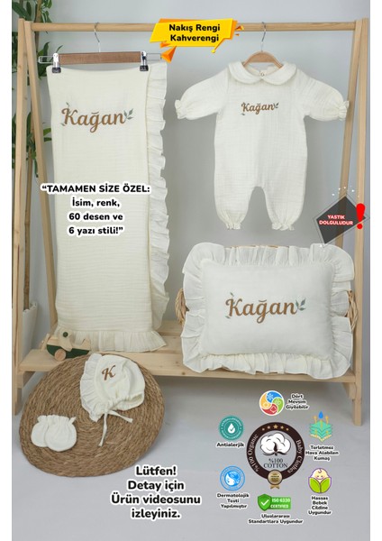 Müslin Yeni Doğan 4katlı Organik %100PAMUK Kişiye Özgü Nakışlı Hastane Çıkış Seti (Yaprak Desen-2)