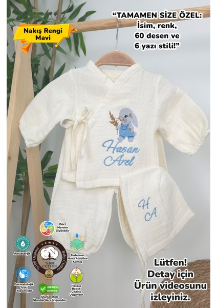 Müslin Yeni Doğan 4katlı Organik %100PAMUK Kişiye Özgü Nakışlı Hastane Çıkış Seti (Tavşan Model-4)