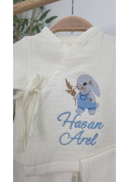 Müslin Yeni Doğan 4katlı Organik %100PAMUK Kişiye Özgü Nakışlı Hastane Çıkış Seti (Tavşan Model-4) modelleri