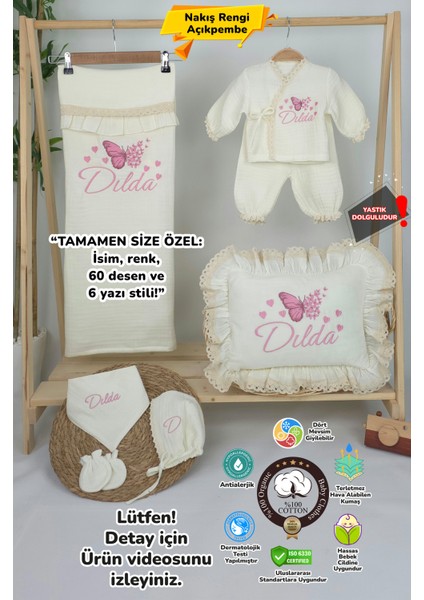 Müslin Yeni Doğan 4katlı Organik %100PAMUK Kişiye Özgü Nakışlı Hastane Çıkış Seti (Çoklu Kelebek-3)