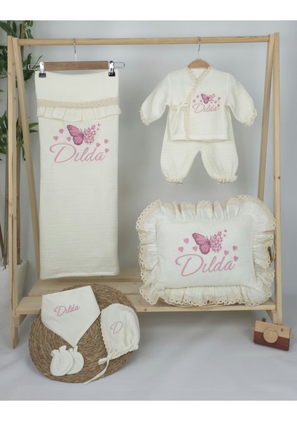 Müslin Yeni Doğan 4katlı Organik %100PAMUK Kişiye Özgü Nakışlı Hastane Çıkış Seti (Çoklu Kelebek-3) fiyatları