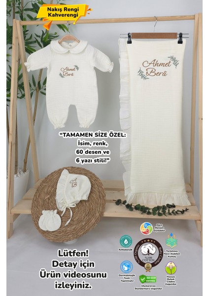 Müslin Yeni Doğan 4katlı Organik %100PAMUK Kişiye Özgü Nakışlı Hastane Çıkış Seti (Dal Modell-2)