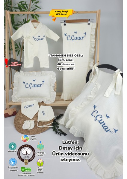 Müslin Yeni Doğan 4katlı Organik %100PAMUK Kişiye Özgü Nakışlı Hastane Çıkış Seti-3'lü Kuş Model