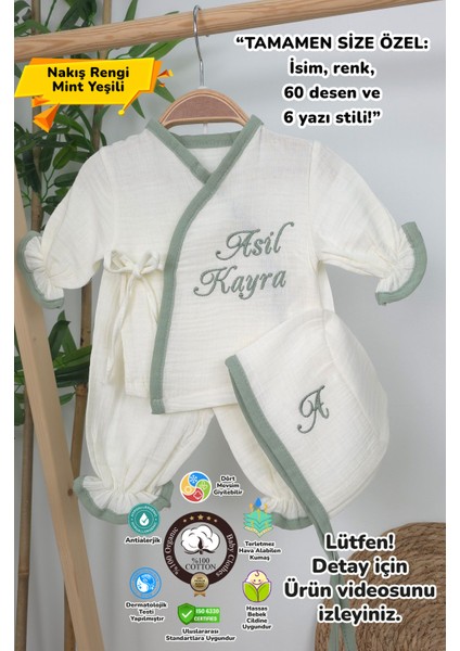 Müslin Yeni Doğan 4katlı Organik %100PAMUK Kişiye Özgü Nakışlı Hastane Çıkış Seti (Yeşil Biyeli-1)