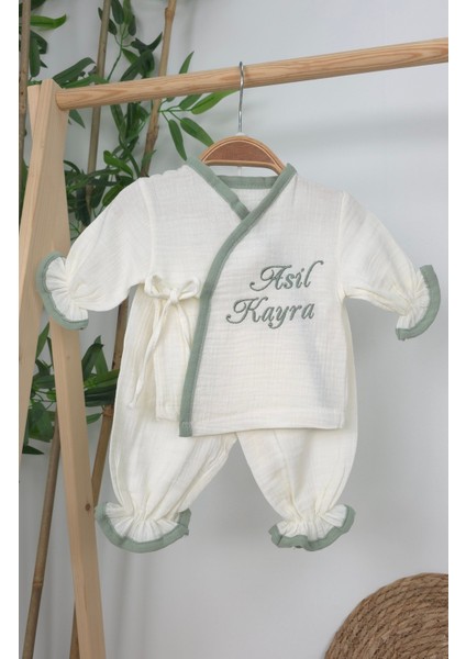 Müslin Yeni Doğan 4katlı Organik %100PAMUK Kişiye Özgü Nakışlı Hastane Çıkış Seti (Yeşil Biyeli-1) fiyatları