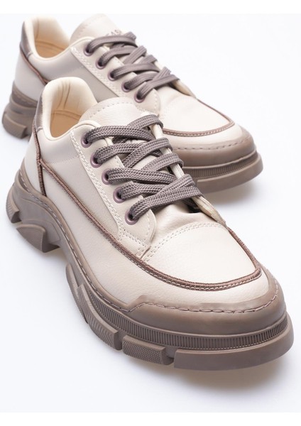 Kadın Deri Sneaker Bağcıklı Spor Ayakkabı Bej Mareo