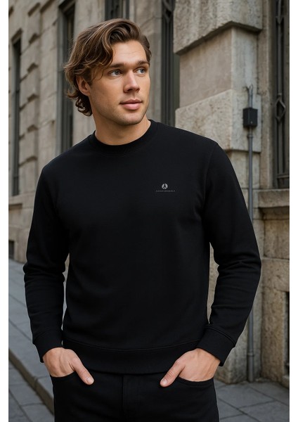 Erkek Desenli Kışlık Salaş Rahat Siyah Sweatshirt