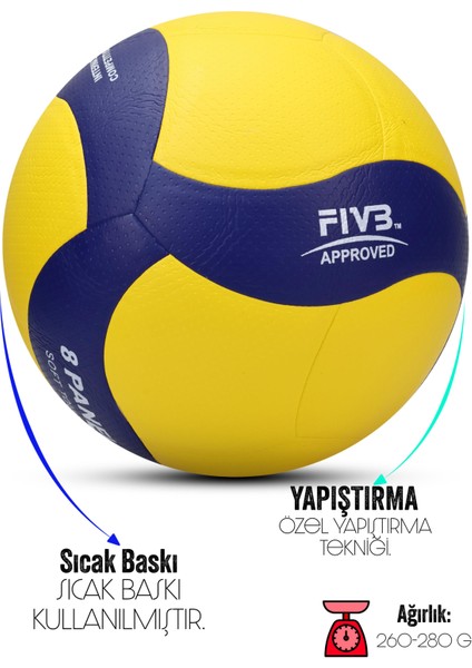 Semi-Pro Voleybol Topu Lamineli Beton Zemin Softtouch Iç-Dış Mekana Uygun 8 Panel Sarı-Mavi GSV101 modelleri
