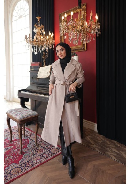 Ayseren Kadın Büyük Beden Astarlı Bağlamalı Genç Örme Kaşe Kaban