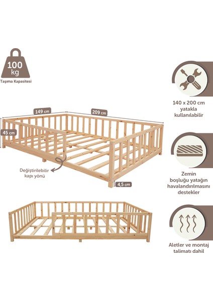 KFB640 Montessori Yer Yatağı 140 x 200 cm Ahşap Çocuk Yatağı fırsatları