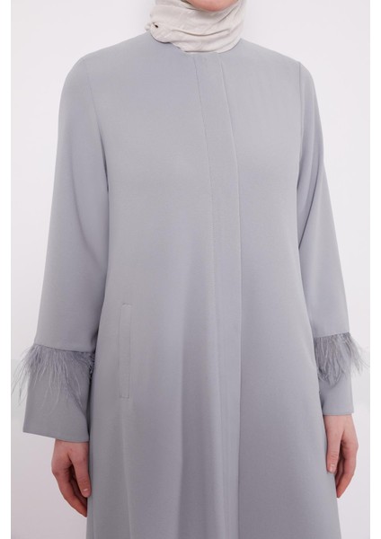 Gri Taş İşlemeli Tüy Detaylı Ferace