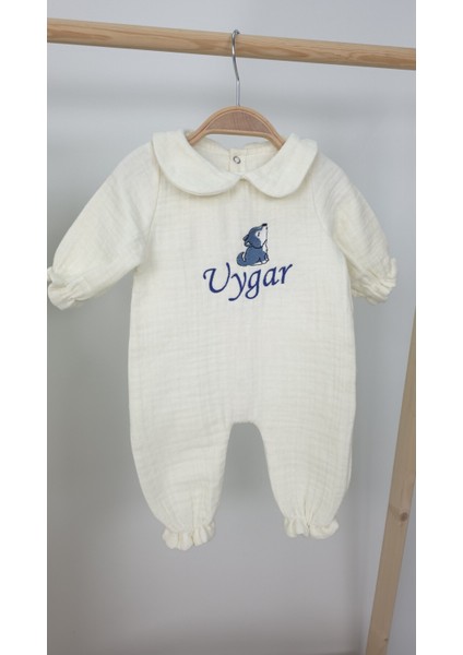 Müslin Yeni Doğan 4katlı Organik %100PAMUK Kişiye Özgü Nakışlı Hastane Çıkış Seti (Kurt Model-2) modelleri