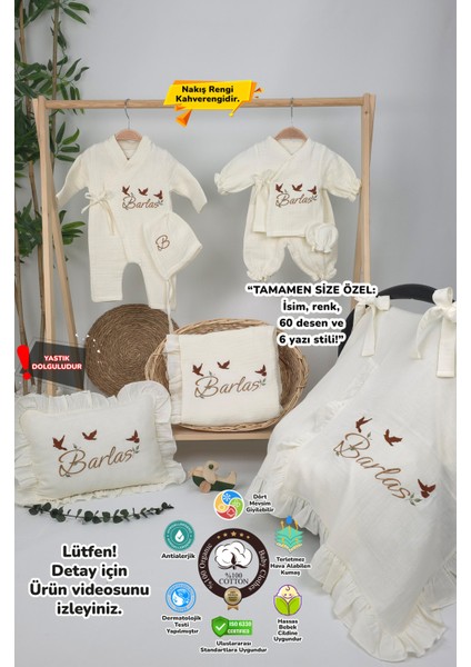 Müslin Yeni Doğan 4katlı Organik %100PAMUK Kişiye Özgü Nakışlı Hastane Çıkış Seti(3'lü Kelebk Model)