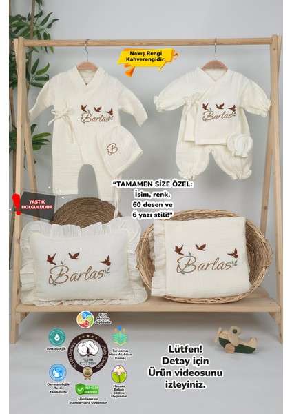 Müslin Yeni Doğan 4katlı Organik %100PAMUK Kişiye Özgü Nakışlı Hastane Çıkış Seti(3'lü Kelebk Model)